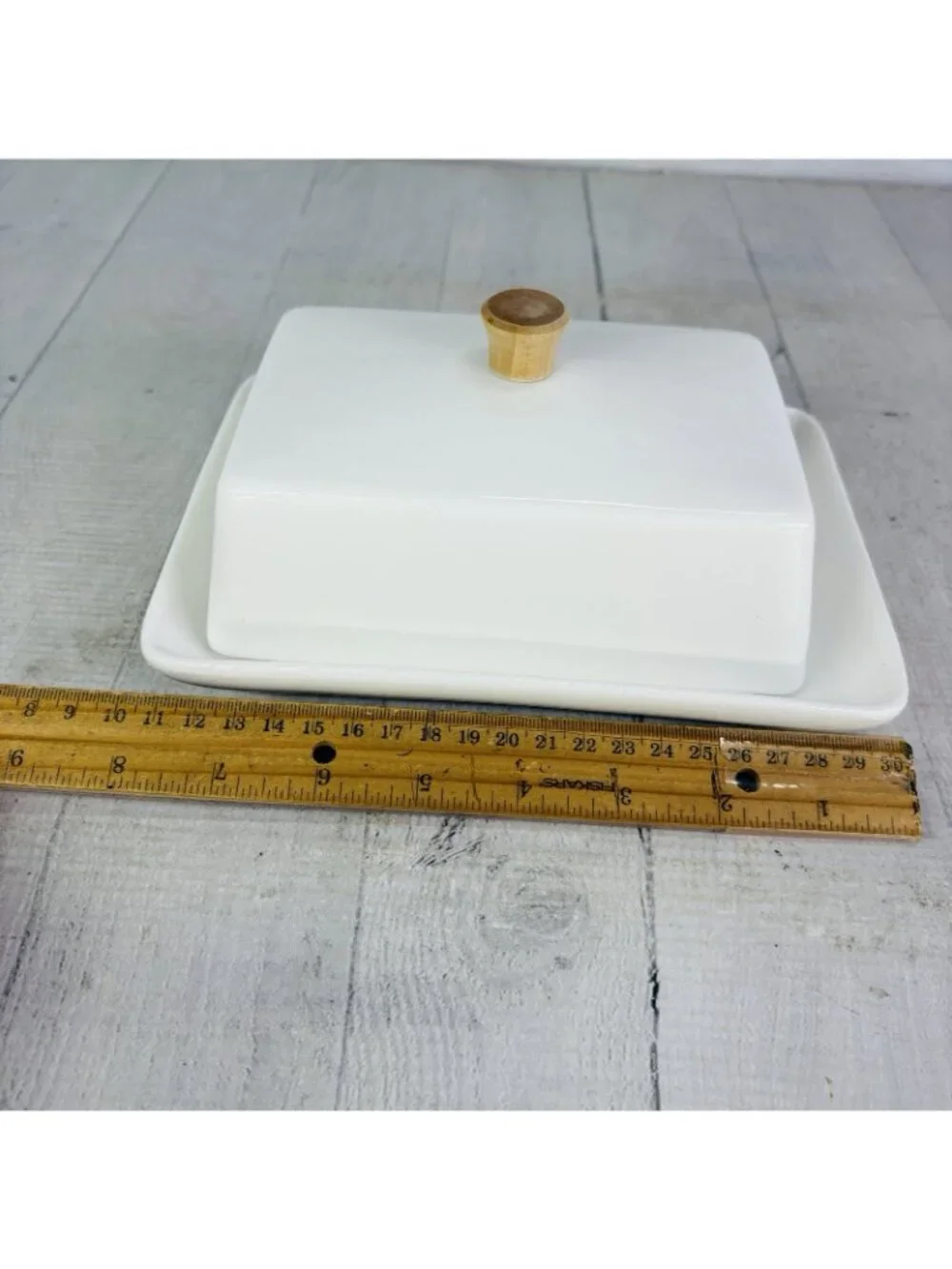 Dowan White Bone China Farmhouse Wooden Handle 2 Stick Lidded Butter Cheese Dish